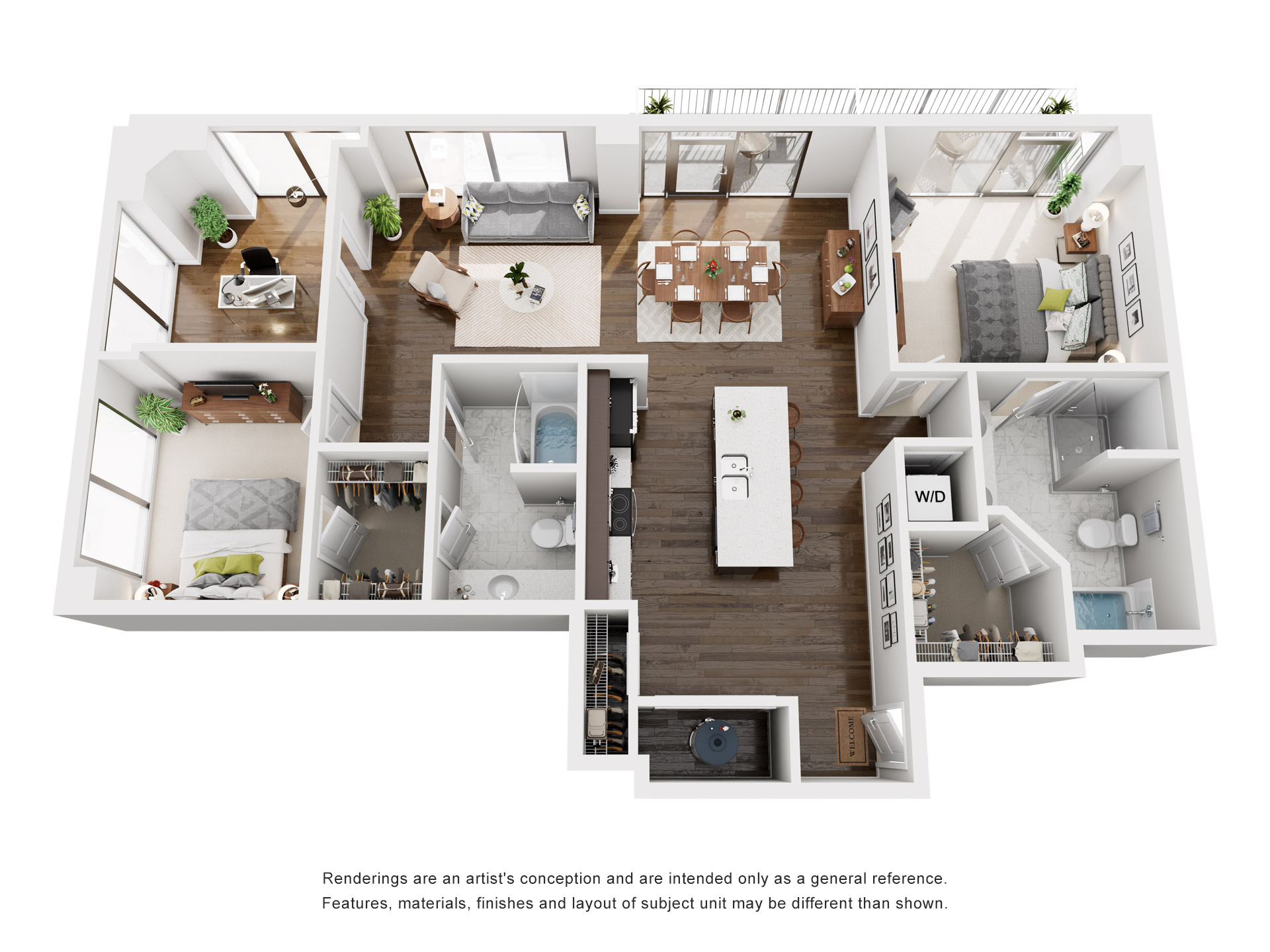 Floor plan for 2 beds, 2 baths, 1371 sqft